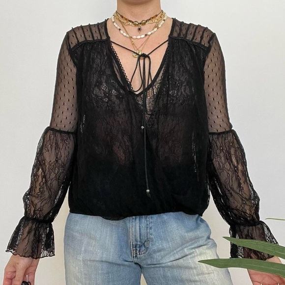 Free People Long sleeve semi sheer black lace blouse w ruffles at wrist - Picture 4 of 9
